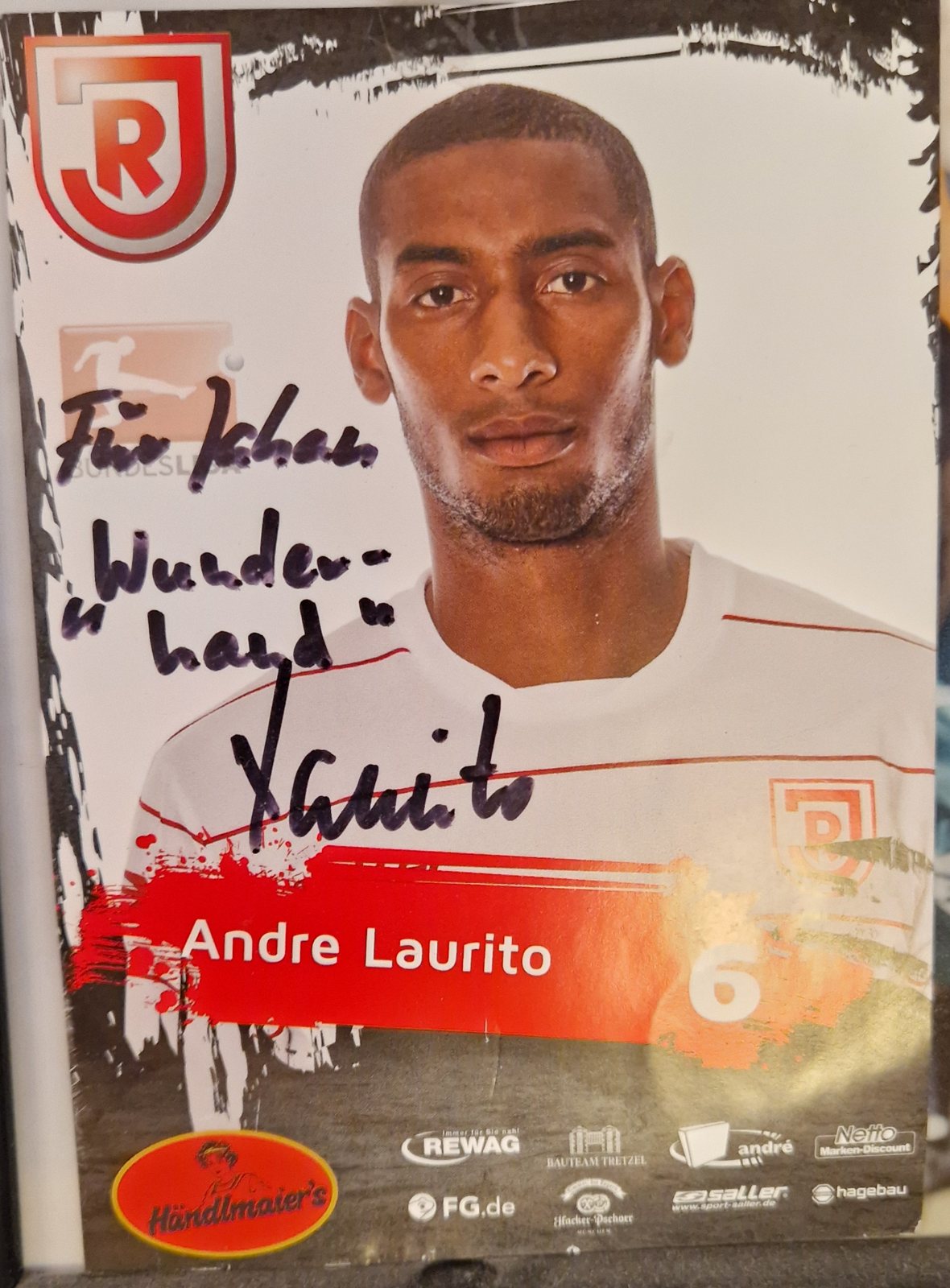 Autogrammkarte von André Laurito, Jahn Regensburg, mit der Widmung Für Jahan, Wunderhand