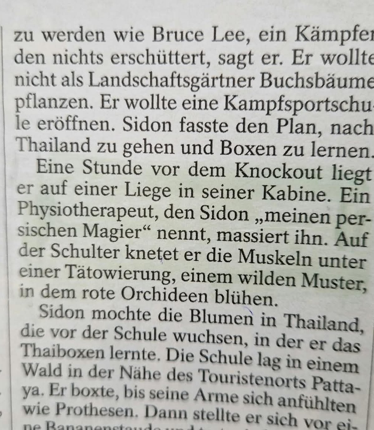 Ausschnitt aus der Spiegel-Reportage über Andreas Sidon, markiert die Stelle über seinen Physiotherapeuten