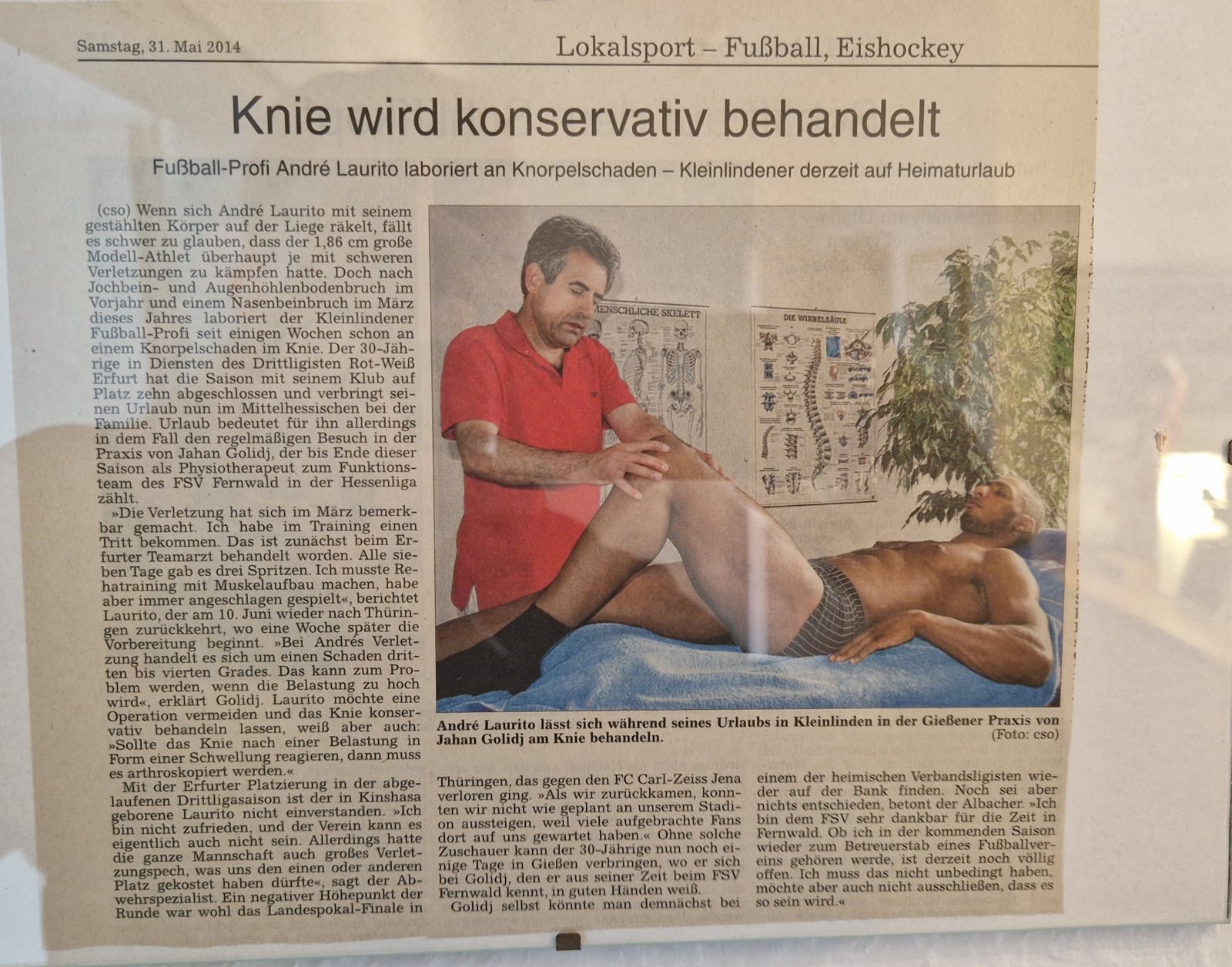Zeitungsartikel der Gießener Allgemeinen vom 31. Mai 2014 über die Behandlung von André Laurito bei Jahan Golidj